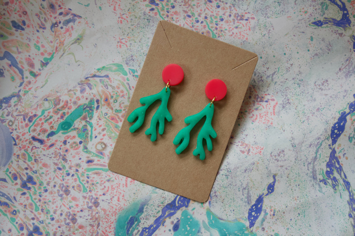 Green, Red & Gold Botanical Drop Earrings – Kitsch Seaweed-Inspired Statement Jewellery Matisse | Handmade Polymer Clay Dangle Earrings