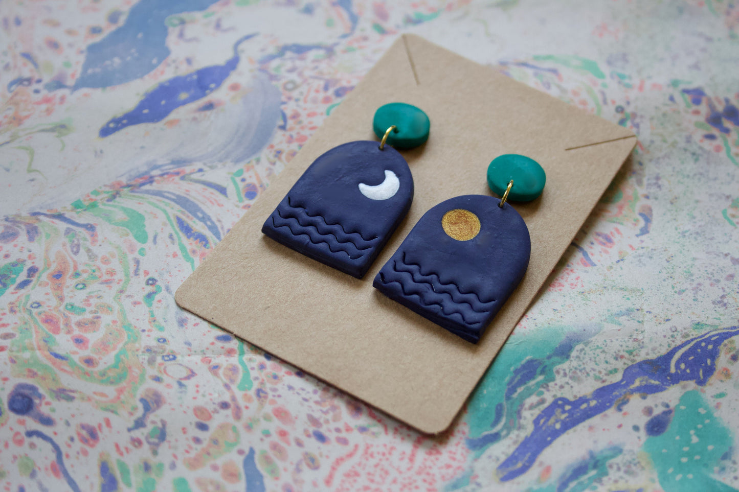 Blue, Green & Gold Sun, Moon and Wave Boho Polymer Clay Kitsch Modernist Minimalist Vaporwave Aesthetic Museum Art Lover Van Gogh Earrings
