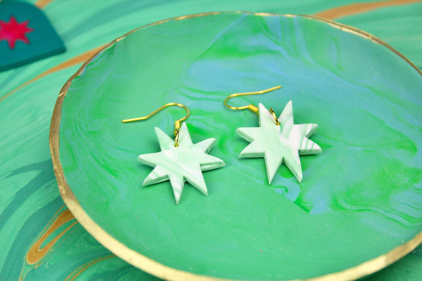 Mint Green & White Geometric Earrings – Marbled Polymer Clay Statement Studs Handmade Retro Earrings for Dopamine Dressing Indie Fashion