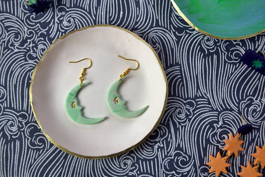 Marbled Moon Face Earrings Polymer Clay Kitsch Statement Studs 90's Alt Whimsygoth Celestial Face Earrings in pale green, Handmade in the UK