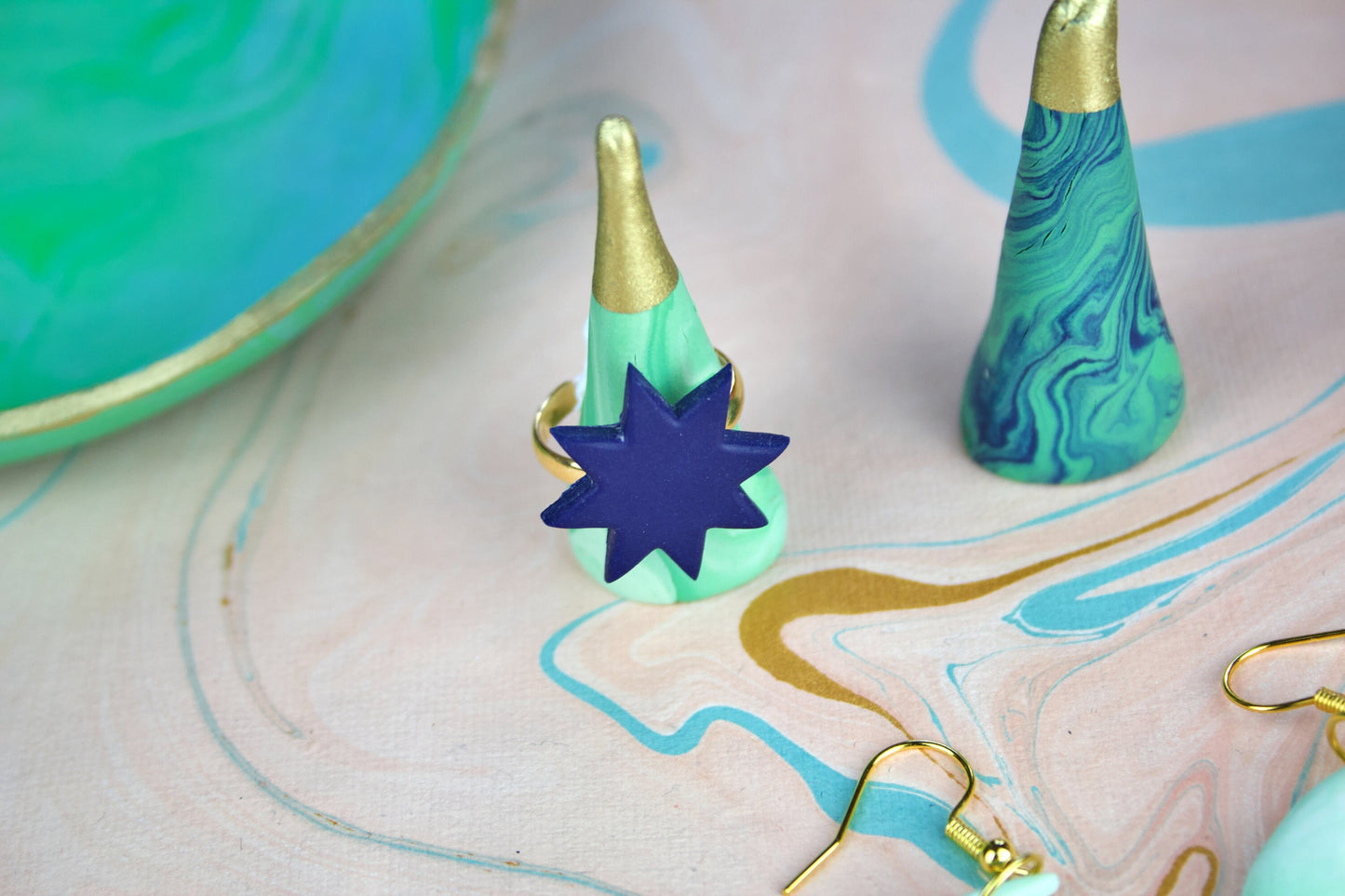 Gold & Navy Geometric Star Ring – Polymer Clay Adjustable Ring | Six-Pointed Star Statement Jewellery