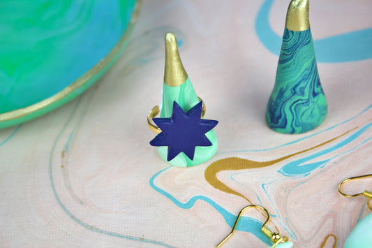 Gold & Navy Geometric Star Ring – Polymer Clay Adjustable Ring | Six-Pointed Star Statement Jewellery