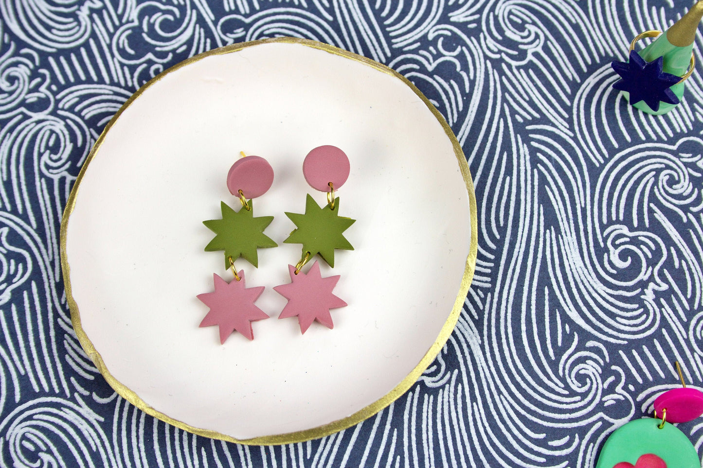 Dusky Pink & Green Geometric Star Drop Earrings – Handmade Polymer Clay Statement Jewellery | Kitsch Y2K Style