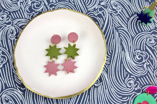 Dusky Pink & Green Geometric Star Drop Earrings – Handmade Polymer Clay Statement Jewellery | Kitsch Y2K Style
