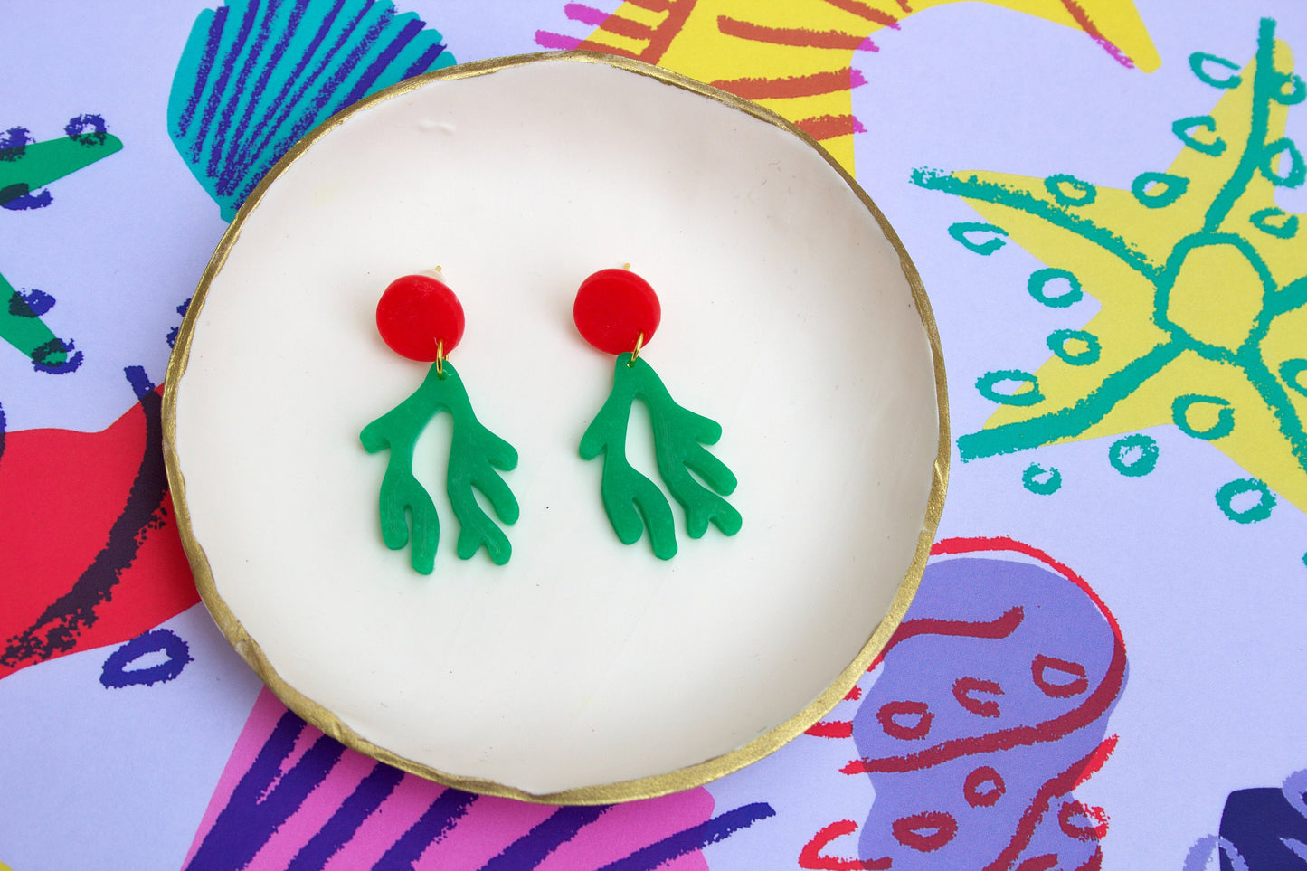 Green, Red & Gold Botanical Drop Earrings – Kitsch Seaweed-Inspired Statement Jewellery Matisse | Handmade Polymer Clay Dangle Earrings