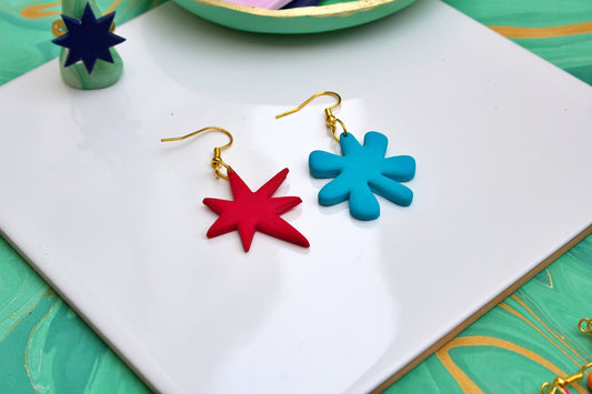 Red and Blue Kiki Bouba Earrings – Linguistics Inspired Abstract Polymer Clay, Cognitive Science Jewelry, Mismatched Statement Gifts for Her