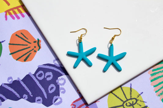 Blue Starfish Polymer Clay Earrings – Handmade Kitsch Ocean-Inspired Jewellery | Retro Beachcore Statement Gift