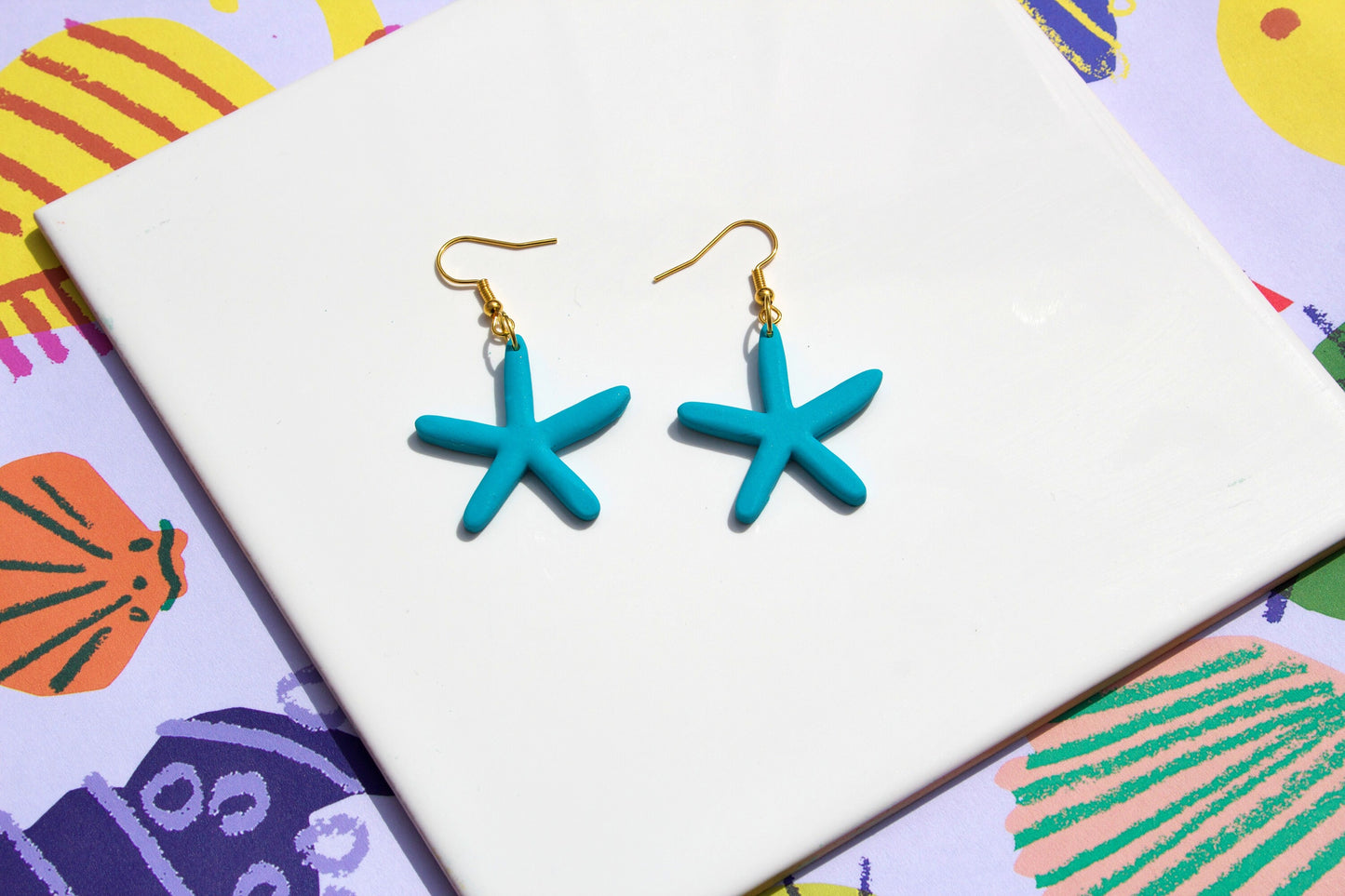 Blue Starfish Polymer Clay Earrings – Handmade Kitsch Ocean-Inspired Jewellery | Retro Beachcore Statement Gift
