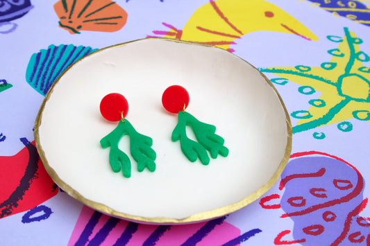 Green, Red & Gold Botanical Drop Earrings – Kitsch Seaweed-Inspired Statement Jewellery Matisse | Handmade Polymer Clay Dangle Earrings