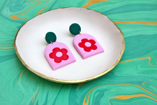 Red Pink & Emerald Arch Flower Earrings Handmade Polymer Clay Statement Colourful Floral Maximalism Dopamine Cottagecore Twee Coquette