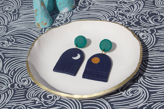 Blue, Green & Gold Sun, Moon and Wave Boho Polymer Clay Kitsch Modernist Minimalist Vaporwave Aesthetic Museum Art Lover Van Gogh Earrings