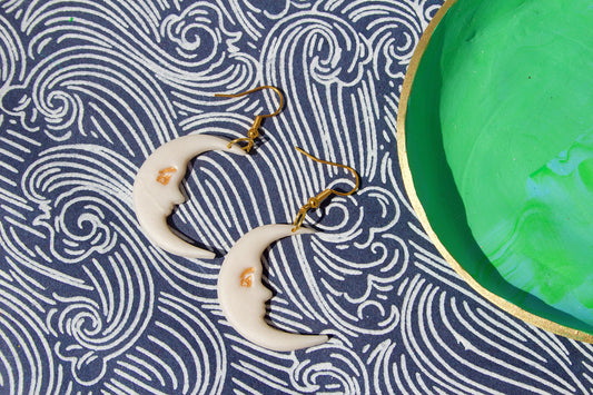 Crescent Moon Face Polymer Clay Earrings Vintage Celestial Handmade Jewellery, 90s Y2K Melancholic Artsy Folk Goth Dreamy Alt Gifts For Her