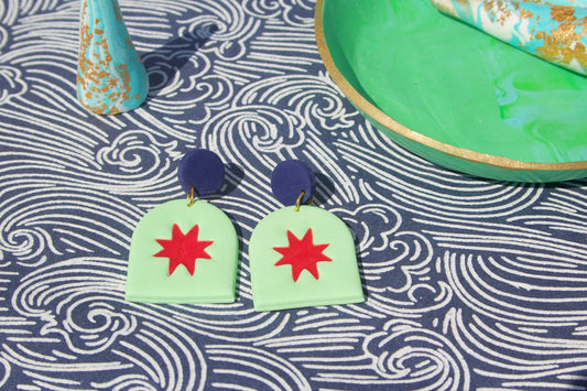 Vintage Mint, Navy & Gold Star Arch Geometric Polymer Clay Kitsch Earrings