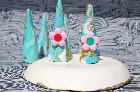 Pink & Red-Green Flower Adjustable Ring – Cottagecore Polymer Clay Jewellery | Handmade Floral Statement Ring, Nature-Inspired Gift