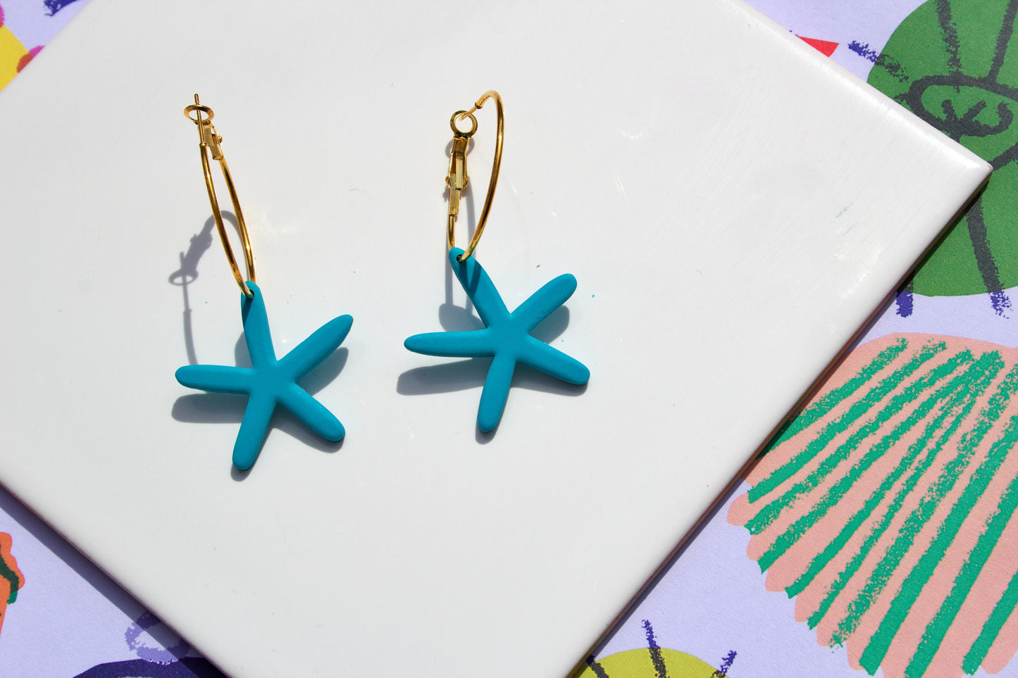 Blue Starfish Polymer Clay Hoop Earrings Handmade Kitsch Jewellery, Ocean-Inspired Statement Hoops, Coastal Nature Romantic Beach Aesthetic