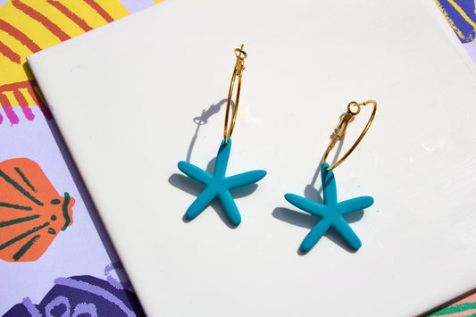 Blue Starfish Polymer Clay Hoop Earrings Handmade Kitsch Jewellery, Ocean-Inspired Statement Hoops, Coastal Nature Romantic Beach Aesthetic