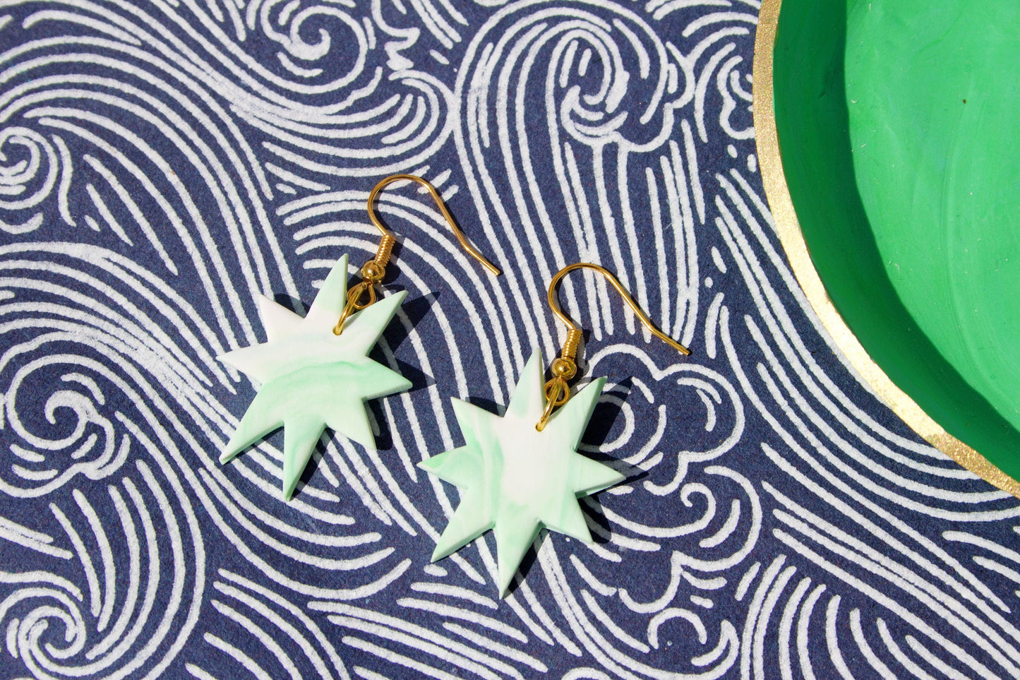 Mint Green & White Geometric Earrings – Marbled Polymer Clay Statement Studs Handmade Retro Earrings for Dopamine Dressing Indie Fashion