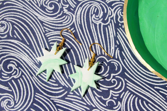 Mint Green & White Geometric Earrings – Marbled Polymer Clay Statement Studs Handmade Retro Earrings for Dopamine Dressing Indie Fashion