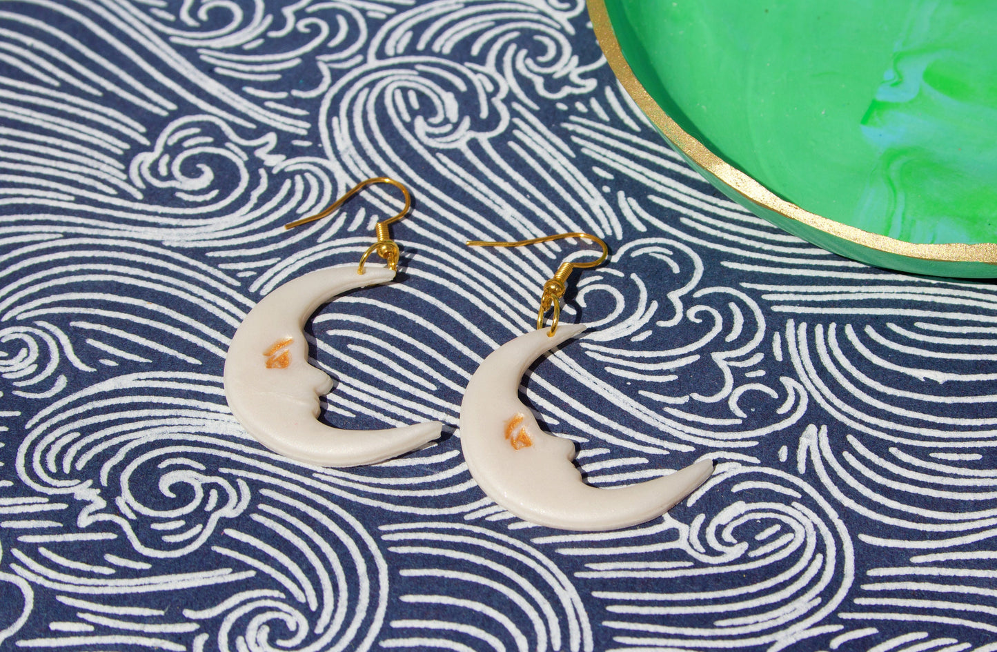 Crescent Moon Face Polymer Clay Earrings Vintage Celestial Handmade Jewellery, 90s Y2K Melancholic Artsy Folk Goth Dreamy Alt Gifts For Her