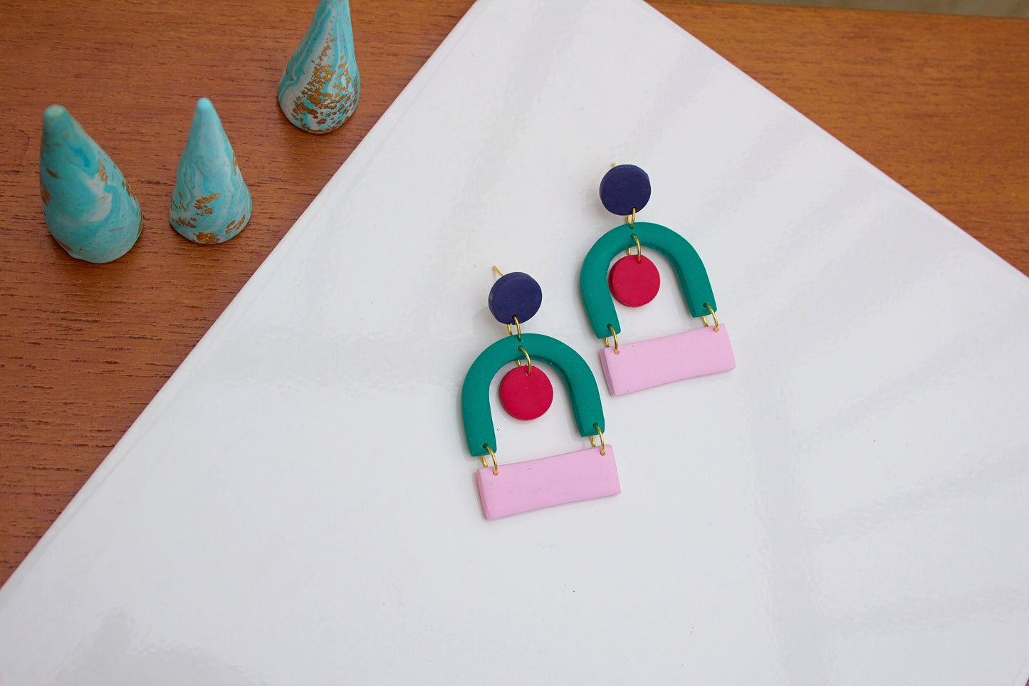 Green, Pink & Red Mid-Century Geometric Earrings Handmade Polymer Clay Retro Statement Bauhaus Scandinavian Maximalism Dopamine Dressing