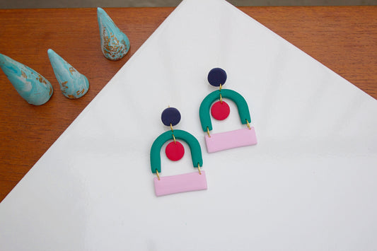 Green, Pink & Red Mid-Century Geometric Earrings Handmade Polymer Clay Retro Statement Bauhaus Scandinavian Maximalism Dopamine Dressing
