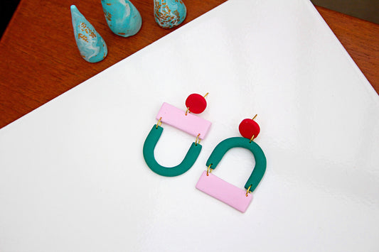 Green, Pink & Red Inverted Mid-Century Modern Bauhaus Mismatched Scandi Statement Geometric Minimalist Vintage Polymer Clay Kitsch Earrings