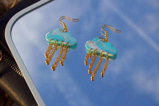 Blue & White Cloudcore Marbled Cloud Earrings Handmade Polymer Clay Dangles Golden Raindrops Whimsical Weather Inspired Jewelry Gift for Her