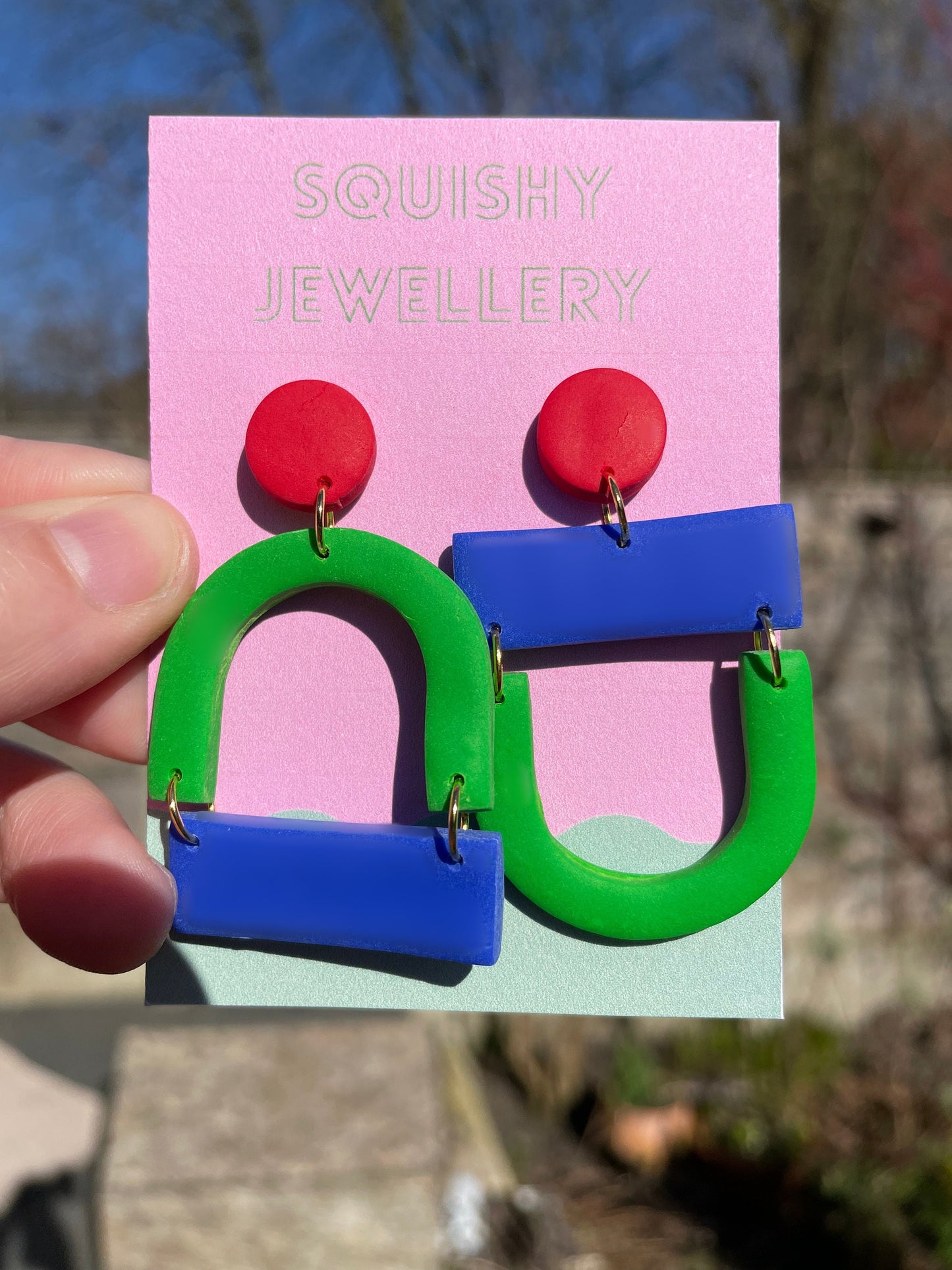 Inverted Mid-Century Statement Earrings – Blue Green Red Polymer Clay Dangles | Retro 60s 70s Mod Jewellery, Handmade Gift, Y2K Style