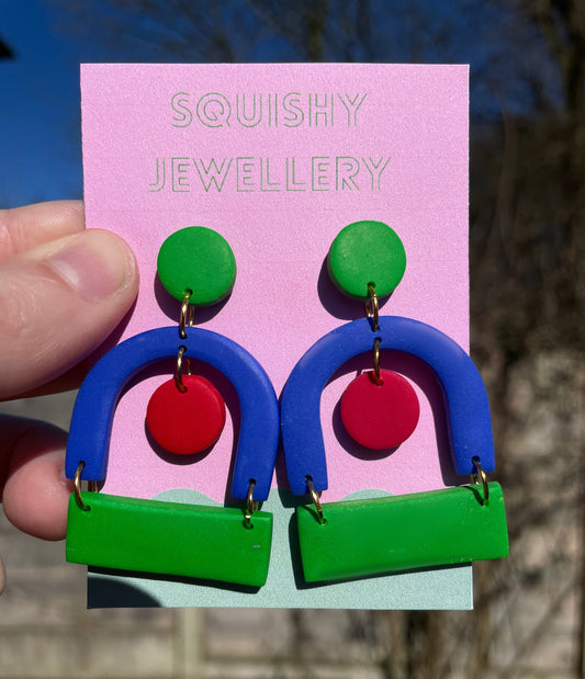 Blue Green & Red Mid-Century Polymer Clay Earrings – Handmade Mod Bauhaus Dangle Jewellery Retro Statement Gift Artistic Kitsch Accessories
