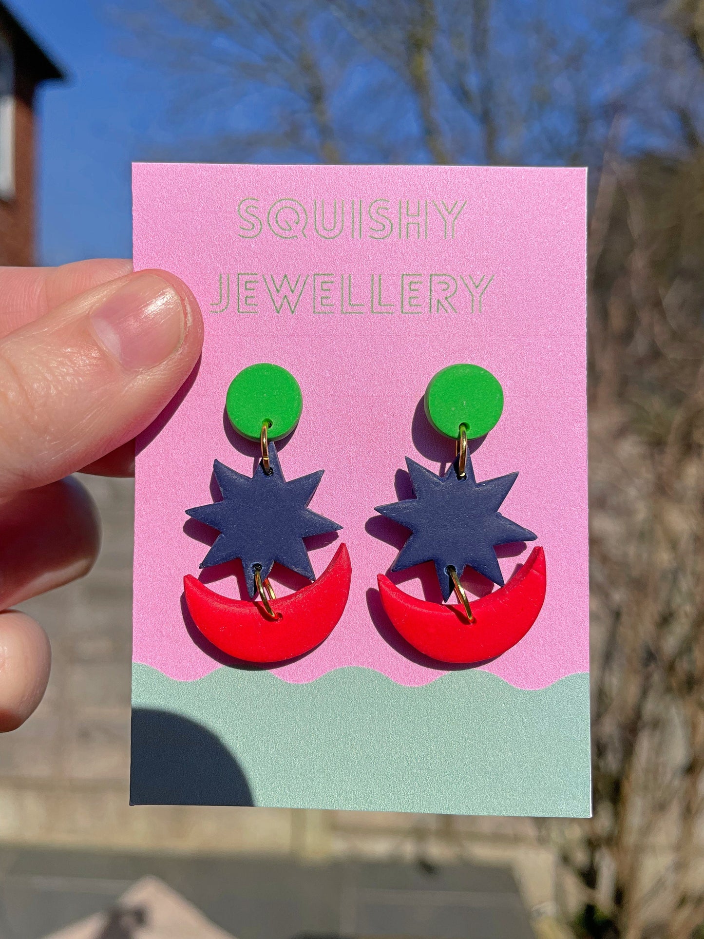 Navy, Green and Red Star & Moon Drop Earrings Celestial Polymer Clay Earrings with Faux Pearl | Handmade Alt Jewellery Cosmic Indie Earrings