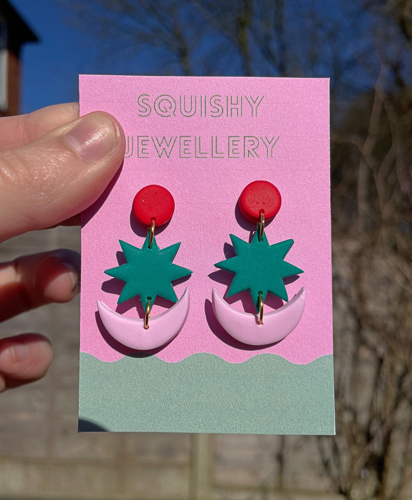 Emerald Green, Pink and Red Star & Moon Earrings – Handmade Polymer Clay Studs | Lightweight Statement Earrings, Art-Inspired Jewellery