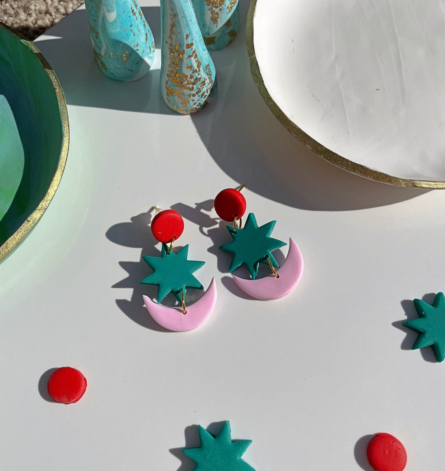 Emerald Green, Pink and Red Star & Moon Earrings – Handmade Polymer Clay Studs | Lightweight Statement Earrings, Art-Inspired Jewellery