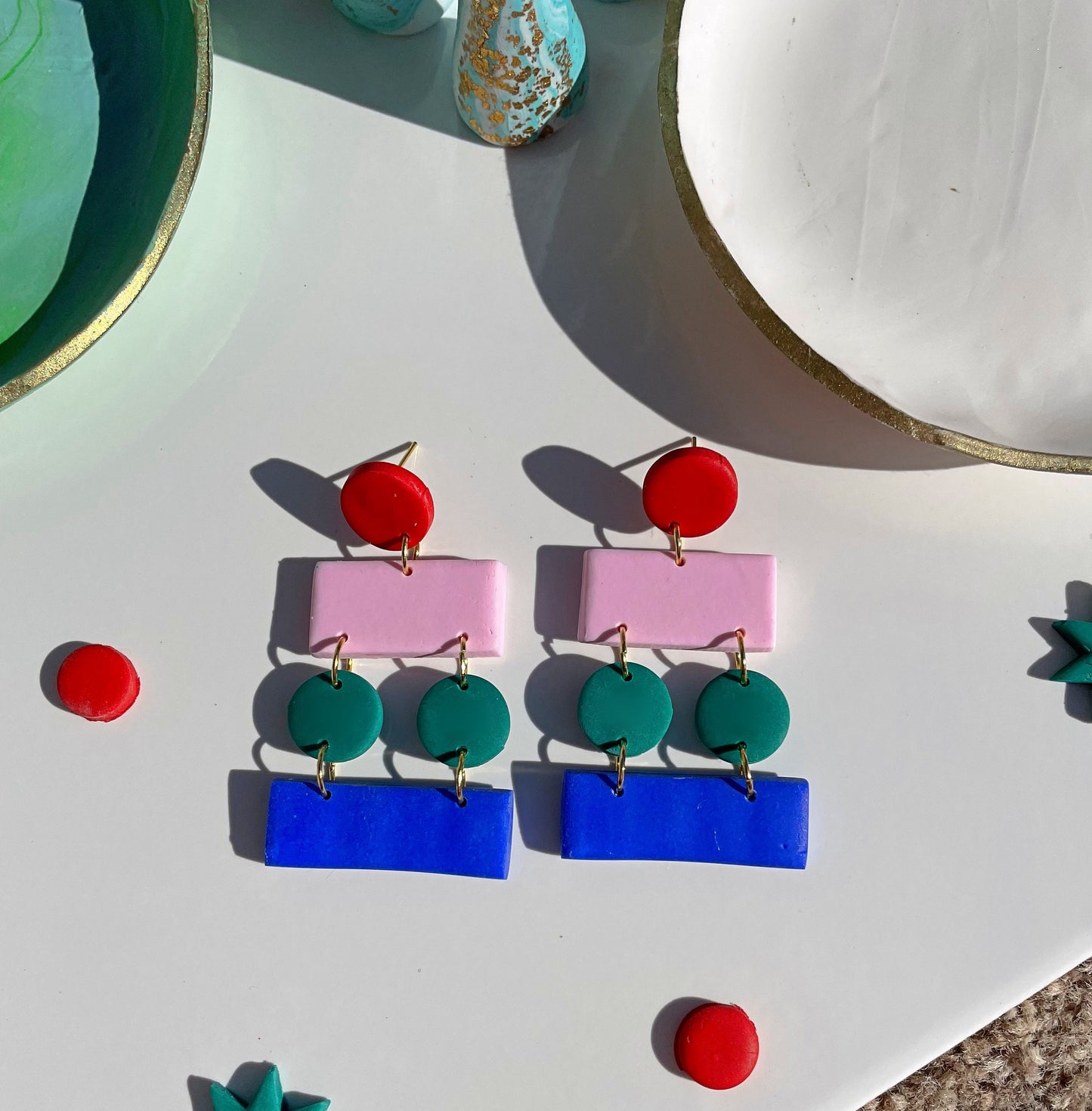 Red, Pink, Green & Blue Midcentury Memphis Layered Polymer Clay Earrings.