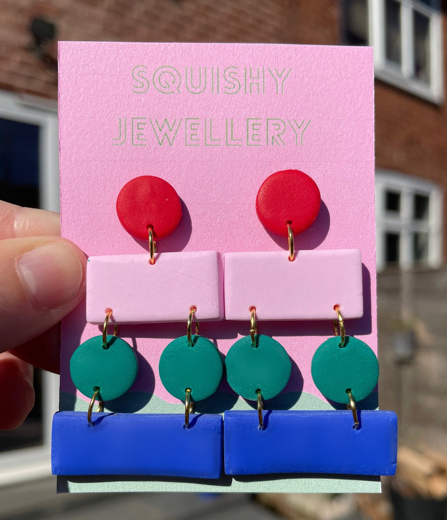 Red, Pink, Green & Blue Midcentury Memphis Layered Polymer Clay Earrings.