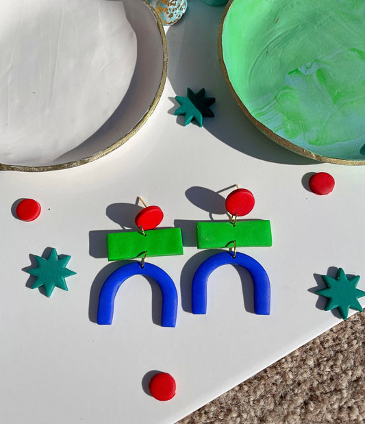 Blue Green Red Memphis Style Statement Earrings – Retro 80s Polymer Clay Jewellery | Bold Abstract Mid-Century Inspired, Artsy Gift for Her