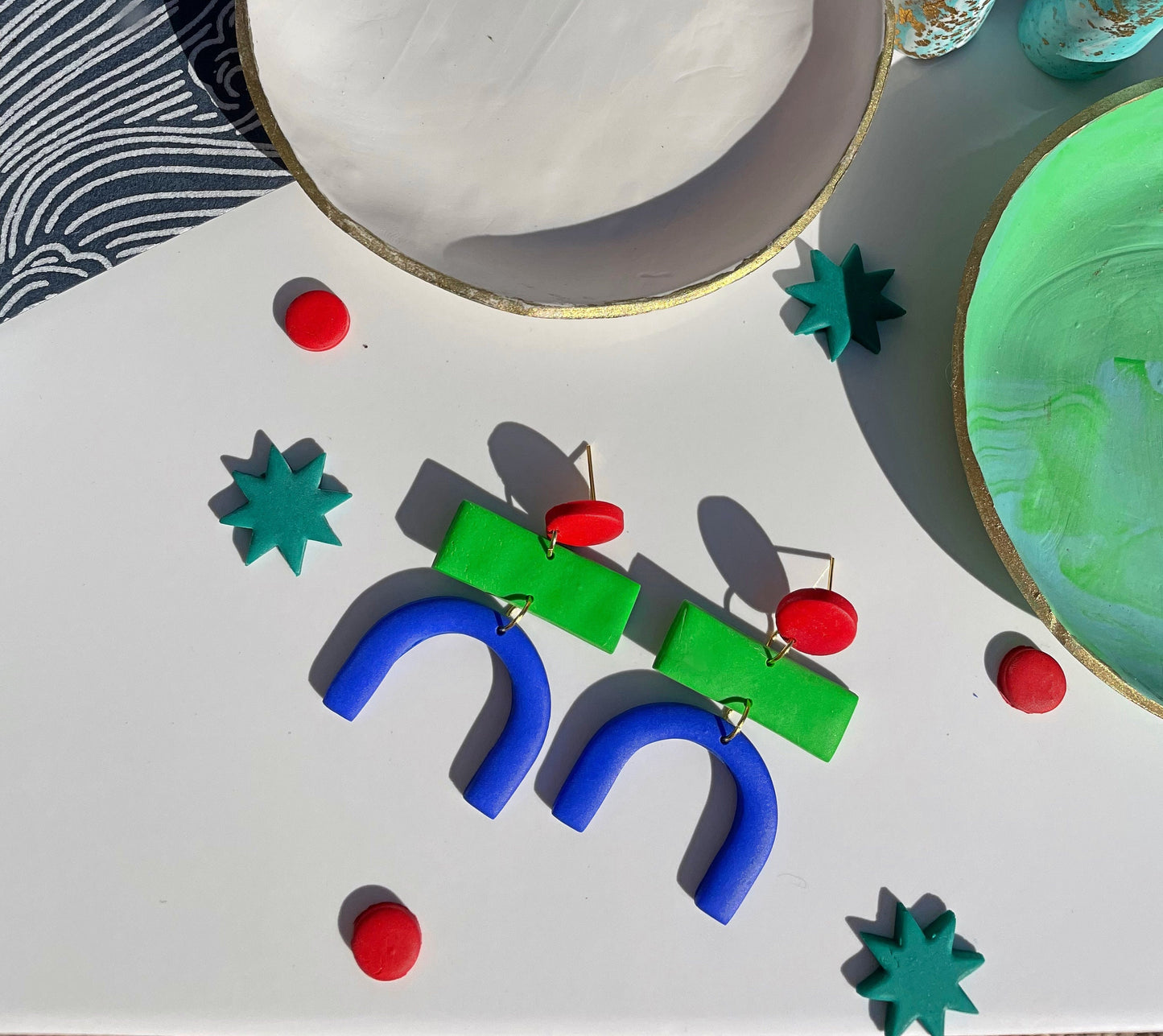Blue Green Red Memphis Style Statement Earrings – Retro 80s Polymer Clay Jewellery | Bold Abstract Mid-Century Inspired, Artsy Gift for Her