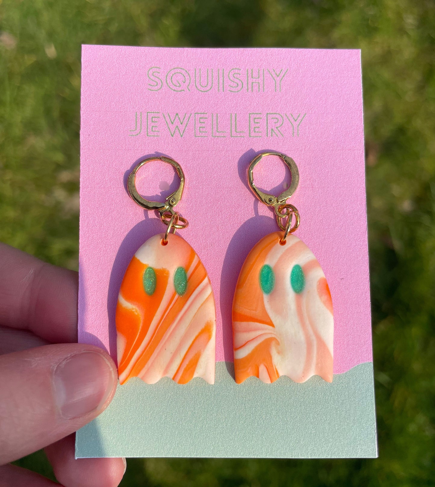 Orange & White Marbled Ghost Polymer Clay Phoebe Bridgers Inspired Huggie Kitsch Gold Hoop Kawaii Ghost Cute Ghost Whimsygoth Y2K Earrings