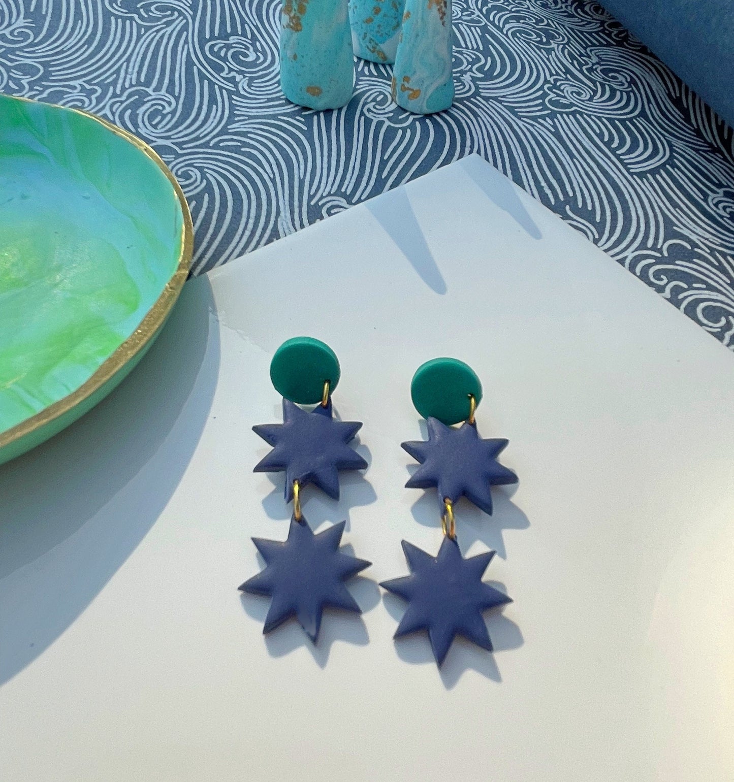 Navy & Emerald Geometric Star Earrings Handmade Polymer Clay Jewellery | Statement Alt Earrings for Art Girls, Indie Style, Grunge, Gothcore