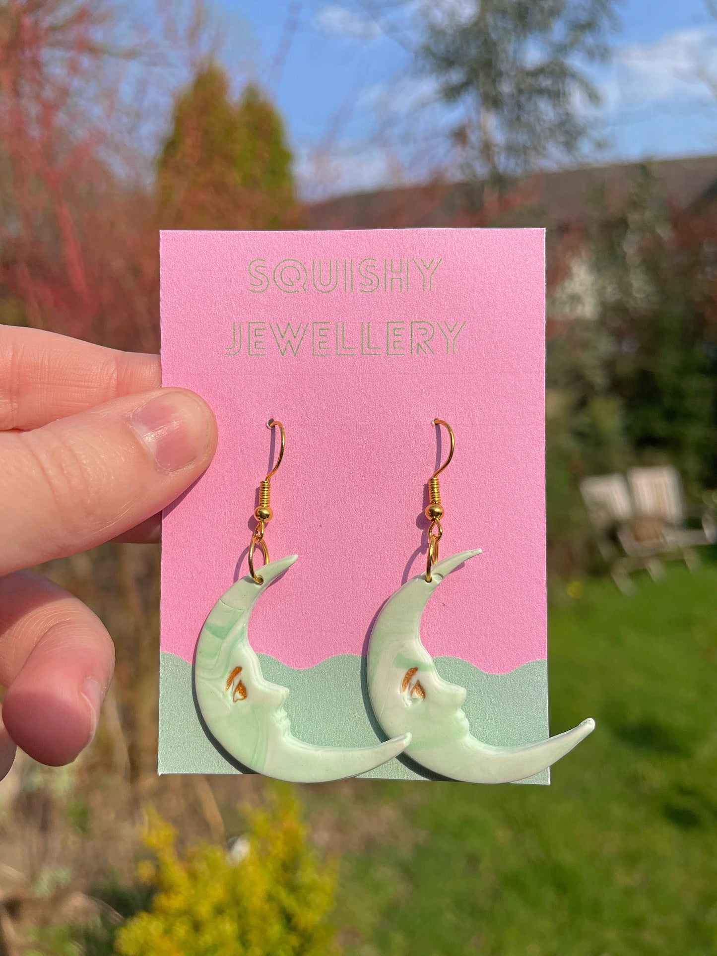 Marbled Moon Face Earrings Polymer Clay Kitsch Statement Studs 90's Alt Whimsygoth Celestial Face Earrings in pale green, Handmade in the UK