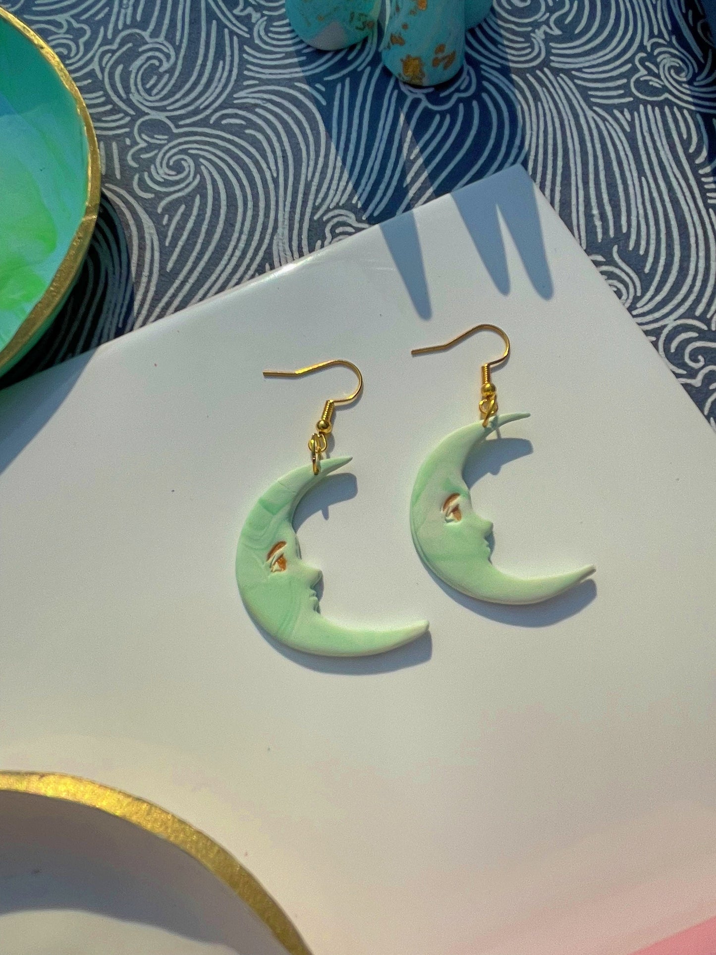Marbled Moon Face Earrings Polymer Clay Kitsch Statement Studs 90's Alt Whimsygoth Celestial Face Earrings in pale green, Handmade in the UK