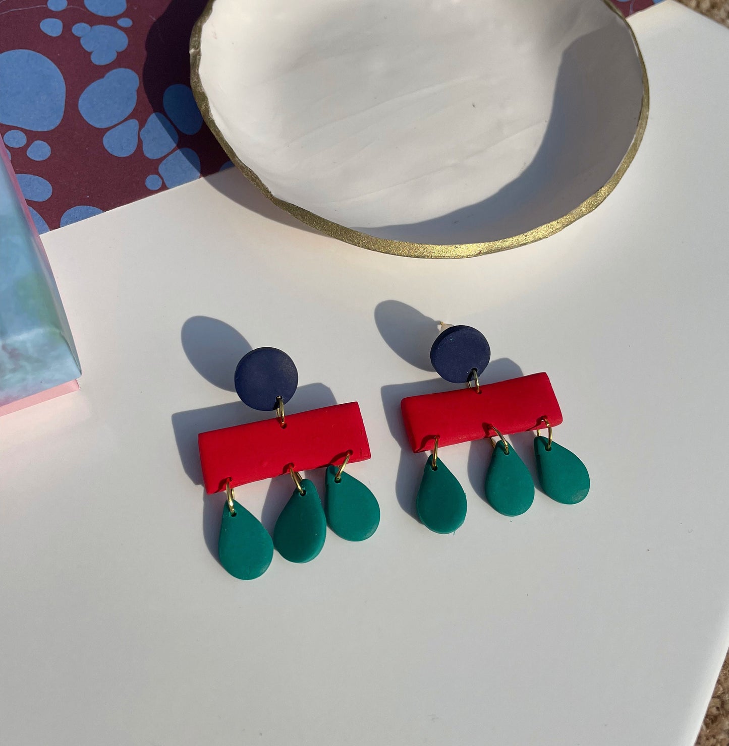 Navy, Green & Red Midcentury Raindrop Earrings – Retro Polymer Clay Earrings | Handmade Statement Earrings Colourful Alt Memphis Jewellery