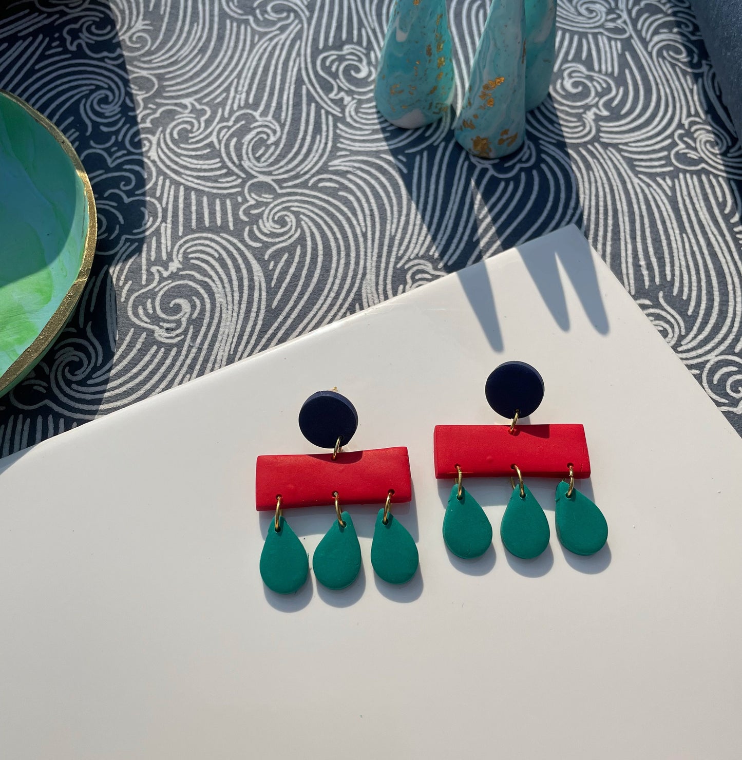 Navy, Green & Red Midcentury Raindrop Earrings – Retro Polymer Clay Earrings | Handmade Statement Earrings Colourful Alt Memphis Jewellery