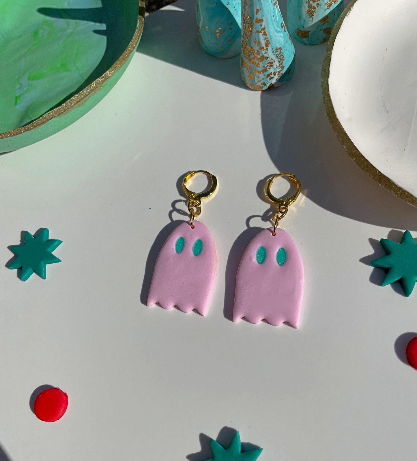 Pink & Green Ghost Polymer Clay Phoebe Bridgers Huggie Hoop Kawaii Ghost Cute Ghost Whimsygoth Gift Emo Grunge Alt Goth Earrings