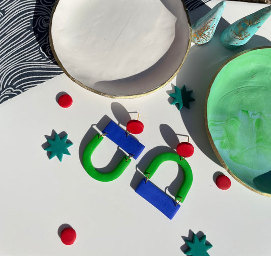 Inverted Mid-Century Statement Earrings – Blue Green Red Polymer Clay Dangles | Retro 60s 70s Mod Jewellery, Handmade Gift, Y2K Style
