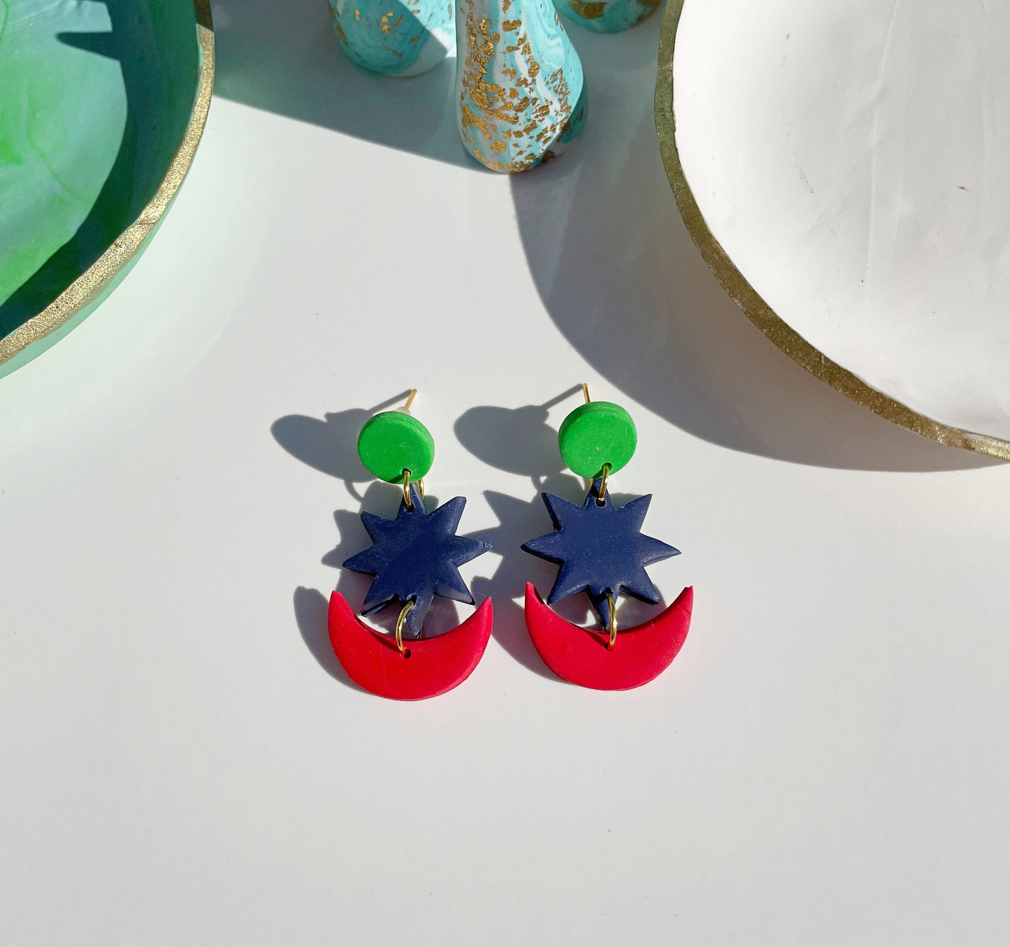 Navy, Green and Red Star & Moon Drop Earrings Celestial Polymer Clay Earrings with Faux Pearl | Handmade Alt Jewellery Cosmic Indie Earrings