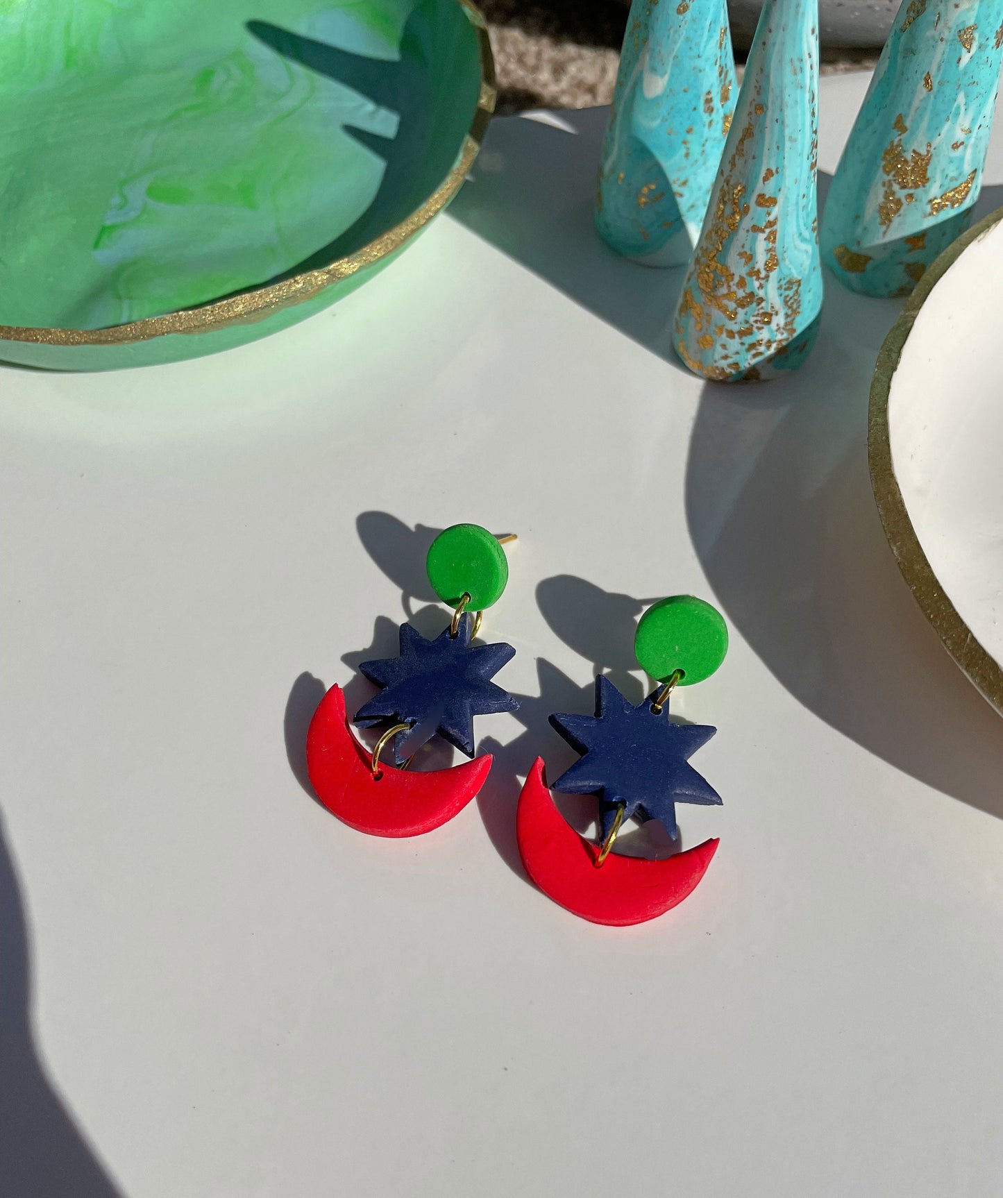 Navy, Green and Red Star & Moon Drop Earrings Celestial Polymer Clay Earrings with Faux Pearl | Handmade Alt Jewellery Cosmic Indie Earrings
