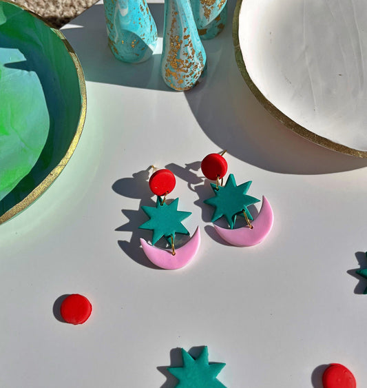 Emerald Green, Pink and Red Star & Moon Earrings – Handmade Polymer Clay Studs | Lightweight Statement Earrings, Art-Inspired Jewellery