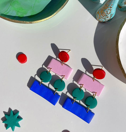 Red, Pink, Green & Blue Midcentury Memphis Layered Polymer Clay Earrings.