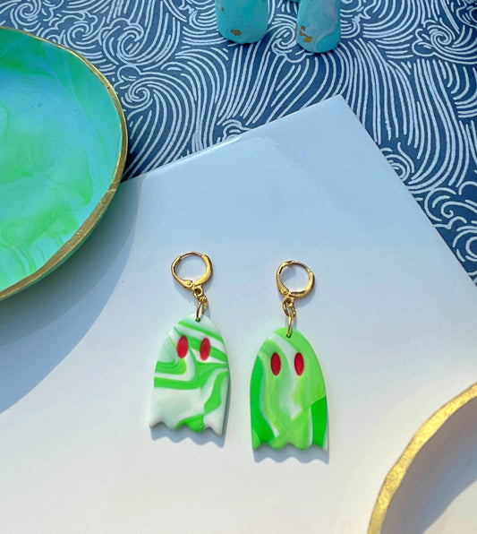 Green & White Marbled Ghost Polymer Clay Phoebe Bridgers Huggie Hoop Kawaii Ghost Cute Ghost Whimsygoth Gift Emo Grunge Alt Goth Earrings