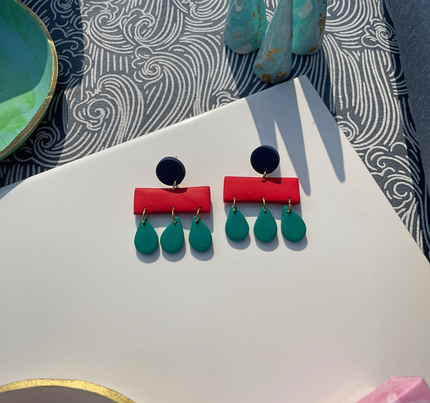 Navy, Green & Red Midcentury Raindrop Earrings – Retro Polymer Clay Earrings | Handmade Statement Earrings Colourful Alt Memphis Jewellery
